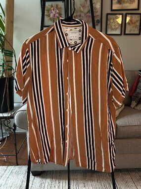 Cactus Man Ricky Singh Brown Black White Striped Short Sleeve Button-Up Shirt